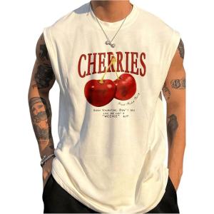 imageMens Crewneck Sleeveless Tank Tops Casual Graphic Vest Top Vintage Summer Tee Shirts StreetwearWhite