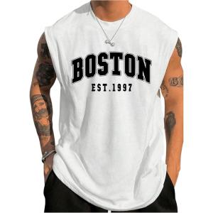 imageMens Crewneck Sleeveless Tank Tops Casual Graphic Vest Top Vintage Summer Tee Shirts StreetwearWhite and Black