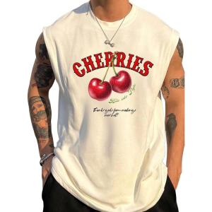 imageMens Crewneck Sleeveless Tank Tops Casual Graphic Vest Top Vintage Summer Tee Shirts StreetwearWhite and Red