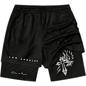 imageMens Graphic Shorts 2 in 1 Drawstring Waist Goth Gym Track Liner Cross Print Bottoms with PocketsBlack