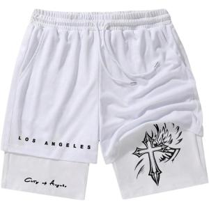 imageMens Graphic Shorts 2 in 1 Drawstring Waist Goth Gym Track Liner Cross Print Bottoms with PocketsWhite