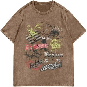 imageMens Graphic Tee Shirt Oversized Drop Shoulder Vintage TShirt Letter Print Streetwear Casual Summer TopsDark Khaki