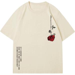imageMens Graphic Tees Floral Print Short Sleeve Crew Neck Vintage Tee Shirt Casual Summer Tee TopsBeige With Red