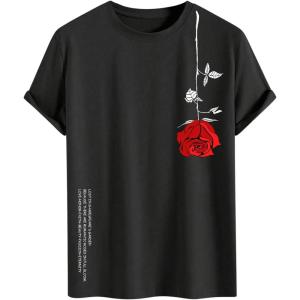 imageMens Graphic Tees Floral Print Short Sleeve Crew Neck Vintage Tee Shirt Casual Summer Tee TopsBlack