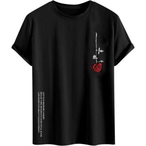 imageMens Graphic Tees Floral Print Short Sleeve Crew Neck Vintage Tee Shirt Casual Summer Tee TopsRose Black