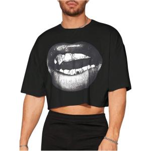 imageMens Graphic Tees Short Sleeve Crew Neck Drop Shoulder Cropped T Shirt Summer Funny Tee ShirtsBlack