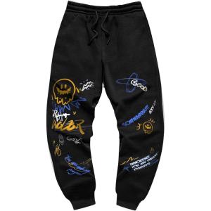 imageMens Jogger Sweatpants Letter Graphic Drawstring Waist Casual Gym Workout Athletic Jogger PantsBlack Blue Yellow