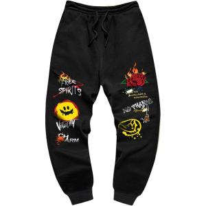 imageMens Jogger Sweatpants Letter Graphic Drawstring Waist Casual Gym Workout Athletic Jogger PantsDark Black