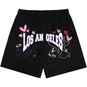 imageMens Letter Graphic Shorts Elastic High Waisted Straight Leg Street Track Shorts with PocketsBlack Patterned