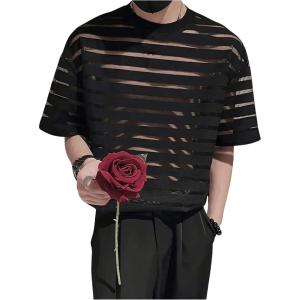 imageMens Sheer Mesh Tee Shirt Striped Short Sleeve Crewneck See Through T Shirt Summer Tee TopsBlack