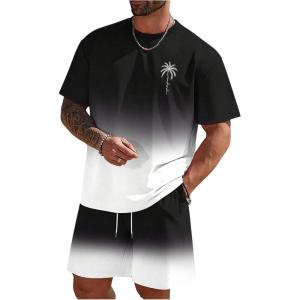 imageMens Short Sets 2 Piece Outfits Tropical Graphic Tees and Shorts Sets Beach Vacation OutfitsBlack White