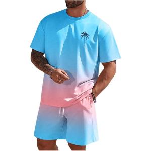imageMens Short Sets 2 Piece Outfits Tropical Graphic Tees and Shorts Sets Beach Vacation OutfitsBlue and Pink
