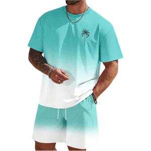 imageMens Short Sets 2 Piece Outfits Tropical Graphic Tees and Shorts Sets Beach Vacation OutfitsBlue and White