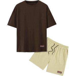 imageMens Short Sets 2 Piece Outfits Tropical Graphic Tees and Shorts Sets Beach Vacation OutfitsBrown