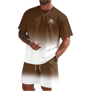 imageMens Short Sets 2 Piece Outfits Tropical Graphic Tees and Shorts Sets Beach Vacation OutfitsBrown White