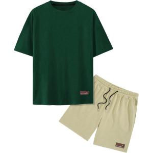 imageMens Short Sets 2 Piece Outfits Tropical Graphic Tees and Shorts Sets Beach Vacation OutfitsGreen