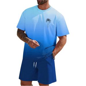 imageMens Short Sets 2 Piece Outfits Tropical Graphic Tees and Shorts Sets Beach Vacation OutfitsOmbre Blue