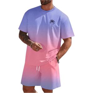 imageMens Short Sets 2 Piece Outfits Tropical Graphic Tees and Shorts Sets Beach Vacation OutfitsPurple Pink