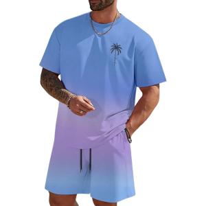 imageMens Short Sets 2 Piece Outfits Tropical Graphic Tees and Shorts Sets Beach Vacation OutfitsPurple and Blue