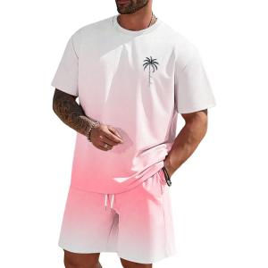 imageMens Short Sets 2 Piece Outfits Tropical Graphic Tees and Shorts Sets Beach Vacation OutfitsWhite Pink