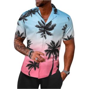 imageMens Short Sleeve Button Down Shirts Hawaiian Tropical Collared Beach Vacation Casual Dress ShirtsBlue and Pink