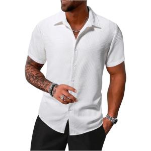 imageMens Short Sleeve Button Down Shirts Hawaiian Tropical Collared Beach Vacation Casual Dress ShirtsWhite