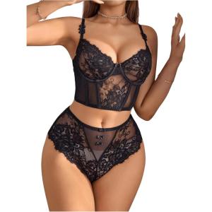 imageWomens 2 Piece Lace Bowknot Lingerie Sets Underwire Longline Bra Bustier and High Waisted Panty SetBlack