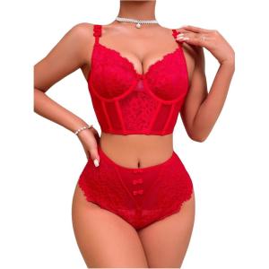 imageWomens 2 Piece Lace Bowknot Lingerie Sets Underwire Longline Bra Bustier and High Waisted Panty SetRed