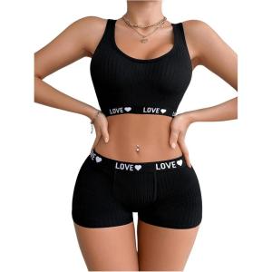 imageWomens 2 Piece Letter Print Lingerie Set Sleeveless Scoop Neck Sports Bras and Boyshorts SetBlack