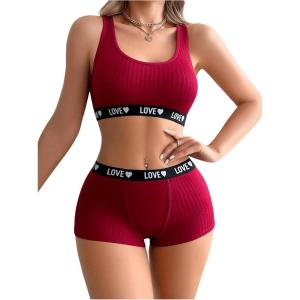 imageWomens 2 Piece Letter Print Lingerie Set Sleeveless Scoop Neck Sports Bras and Boyshorts SetBurgundy