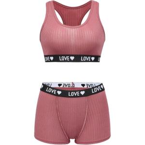 imageWomens 2 Piece Letter Print Lingerie Set Sleeveless Scoop Neck Sports Bras and Boyshorts SetDusty Pink