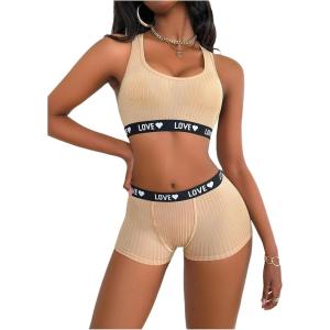 imageWomens 2 Piece Letter Print Lingerie Set Sleeveless Scoop Neck Sports Bras and Boyshorts SetKhaki