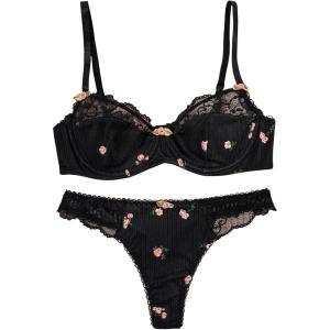 imageWomens 2 Piece Lingerie Set Floral Lace Mesh Underwire Push Up Lingerie Bra and Panty SetBlack