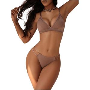 imageWomens 2 Piece Lingerie Set Seamless Contrast Mesh Bralettes and No Show Thongs Underwear SetCoffee Brown