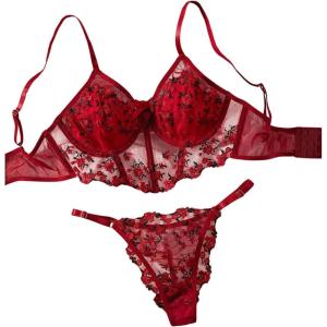 imageWomens 2 Piece Lingerie Sets Floral Embroidery Push Up Mesh Bra and Panty SetsRed