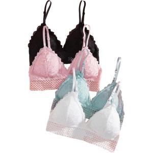 imageWomens 4 Pack Floral Lace Adjustable Straps Wireless Bra Scallop Trim Molded Bralettes SetsBlack Green White