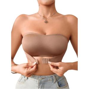imageWomens Front Closure Strapless Bandeau Bra Sleeveless Wireless Bralette Tube TopsCoffee Brown