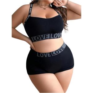 imageWomens Plus Size 2 Piece Lingerie Sets Letter Print Seamless Wireless Bra and Boyshorts SetBlack