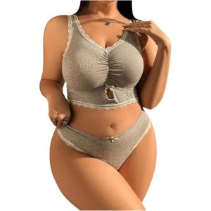 imageWomens Plus Size 2 Piece Ribbed Knit Lace Trim Bow Cut Out Crop Bra and Panties Lingerie SetGrey