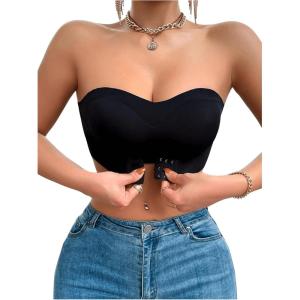 imageWomens Strapless Bra Crossover Closure Front Wireless Bandeau Bra Sleeveless Crop Tube TopBlack