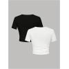 imageGirls 2 Packs Graphic Tees Short Sleeve Crew Neck Crop Tops Slim Fit Summer Cute TeesBlack White