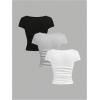 imageGirls 3 Pack T Shirts Tops Scoop Neck Slim Fit Ruched Basic Crop Tops Summer Clothes for GirlsBlack and White