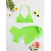 imageGirls 3 Piece High Wisted Bikini Set Backless Halter Bathing Suit Swimsuit Set with Cover Up SkirtsGreen