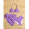 imageGirls 3 Piece High Wisted Bikini Set Backless Halter Bathing Suit Swimsuit Set with Cover Up SkirtsPurple