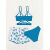 imageGirls 3 Piece Swimsuit Tropical Wrap Criss Cross Cute Bikini Set Bathing Suit with Beach ShortsTeal Blue