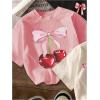 imageGirls Bow Cherry Graphic Tees Short Sleeve Crewneck Cute T Shirts Tops for Teens Summer TopsBeige Pink Black