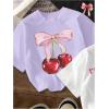 imageGirls Bow Cherry Graphic Tees Short Sleeve Crewneck Cute T Shirts Tops for Teens Summer TopsPurple Multicolor