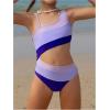 imageGirls Color Block Cut Out One Piece Swimsuit Asymmetrical Neck Wireless Bathing Suit BeachwearMulticolor