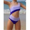 imageGirls Color Block Cut Out One Piece Swimsuit Asymmetrical Neck Wireless Bathing Suit BeachwearMulticolor