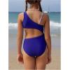 imageGirls Color Block Cut Out One Piece Swimsuit Asymmetrical Neck Wireless Bathing Suit BeachwearMulticolor
